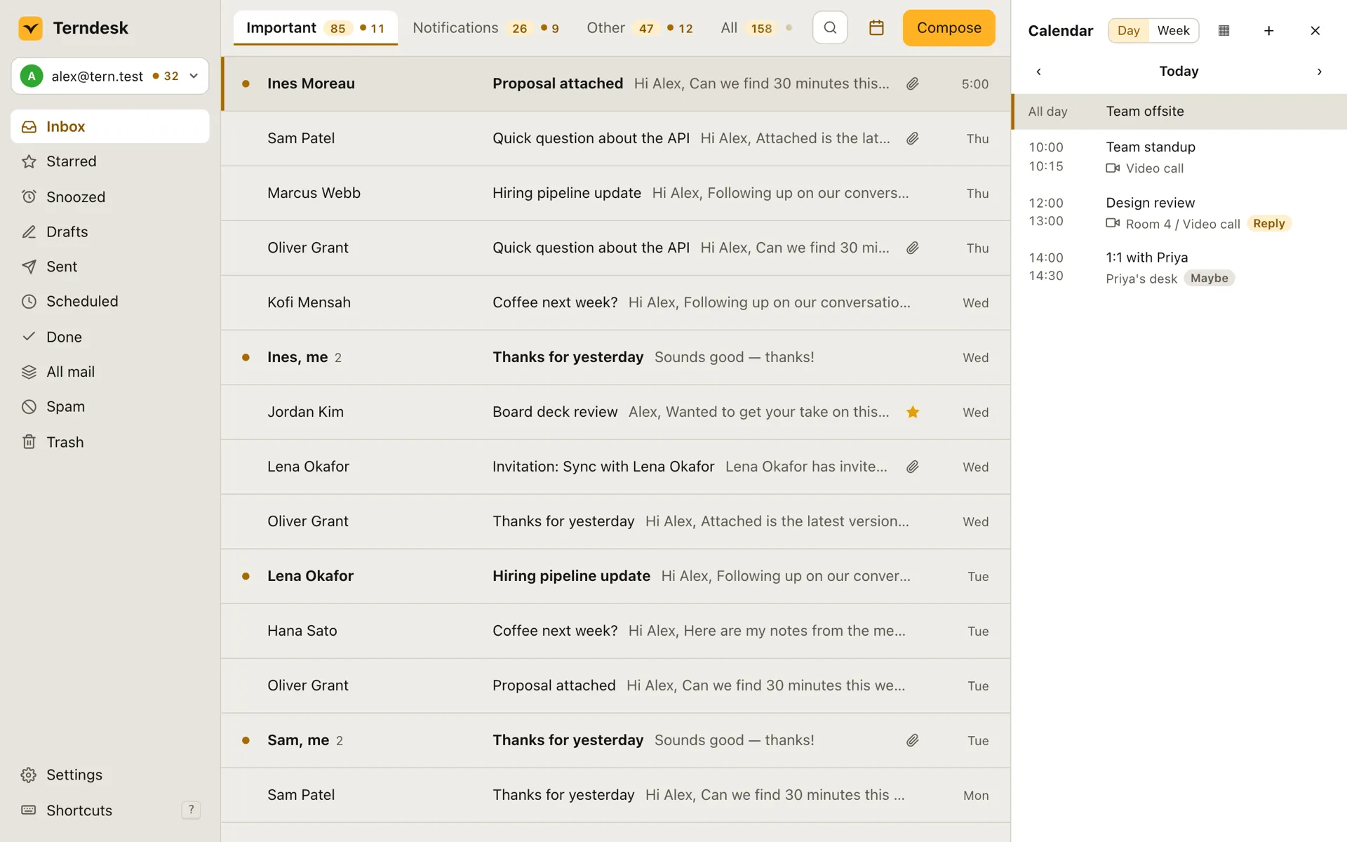 The calendar panel open beside the inbox, showing today: an all-day team offsite, a standup with a video call, a design review waiting for a reply, and a one-to-one marked maybe.