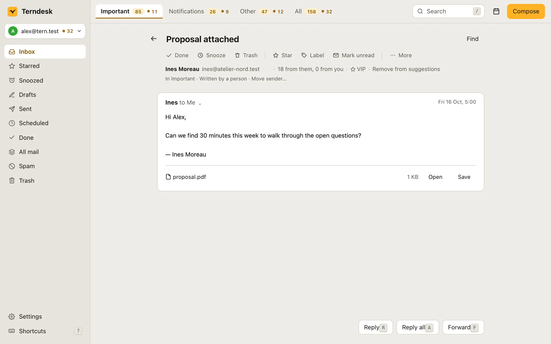 An open conversation titled Proposal attached, from Ines Moreau, with a PDF attachment. Above it are Done, Snooze, Trash, Star, Label and Mark unread, and a line saying she has written 18 times and is in Important; below are Reply, Reply all and Forward, each with its key.