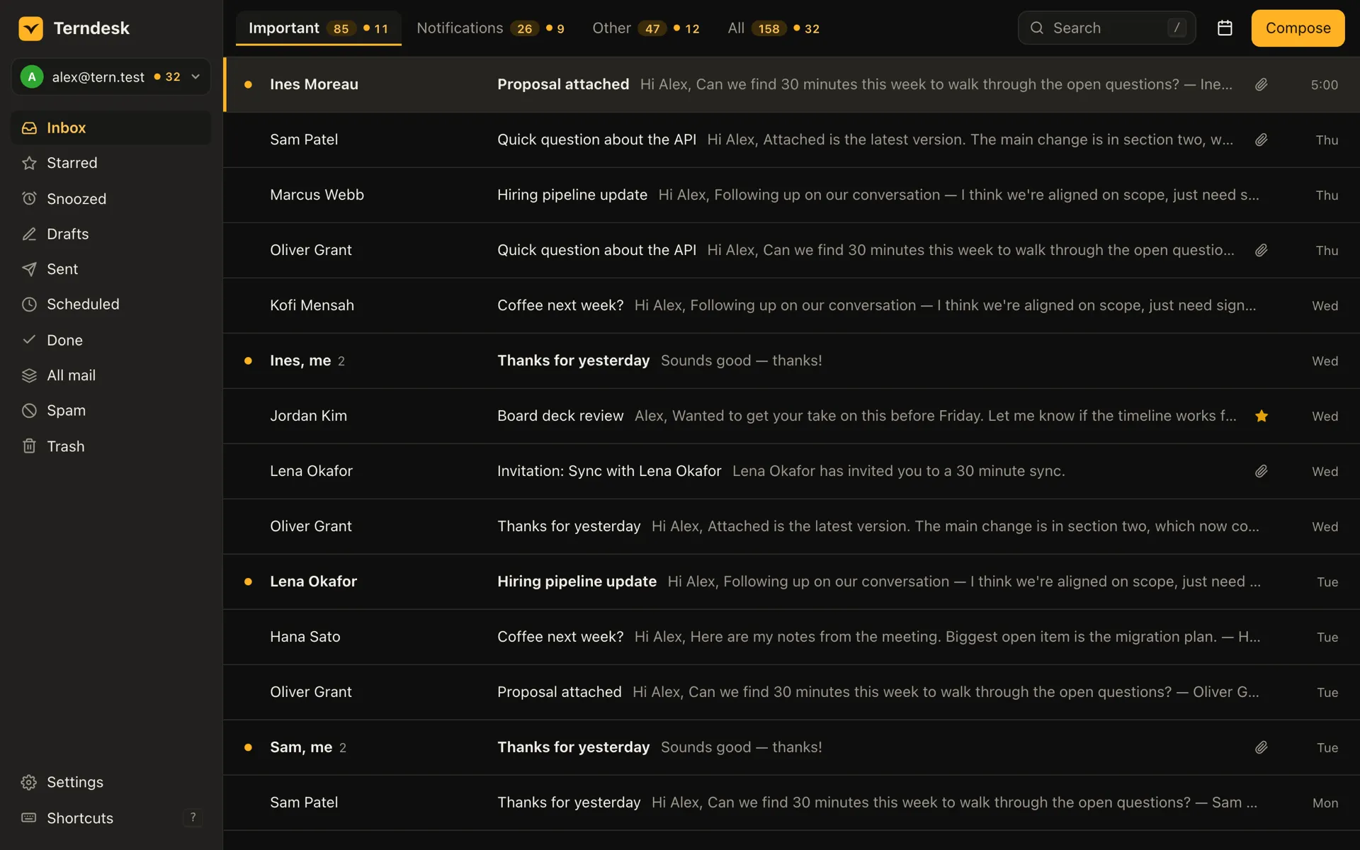 The Terndesk inbox, open on the Important split. Tabs for Important, Notifications, Other and All each show how many conversations they hold and how many are unread. Below is the list of conversations, each with its sender, subject, first line and date.