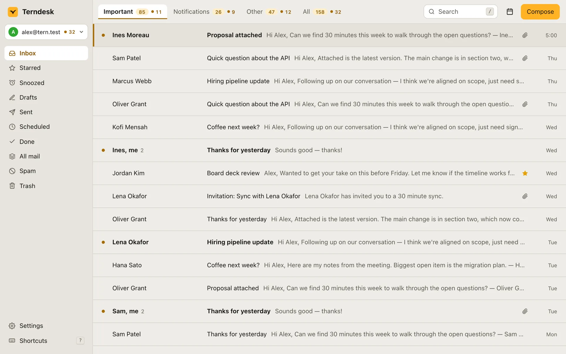 The Terndesk inbox, open on the Important split. Tabs for Important, Notifications, Other and All each show how many conversations they hold and how many are unread. Below is the list of conversations, each with its sender, subject, first line and date.