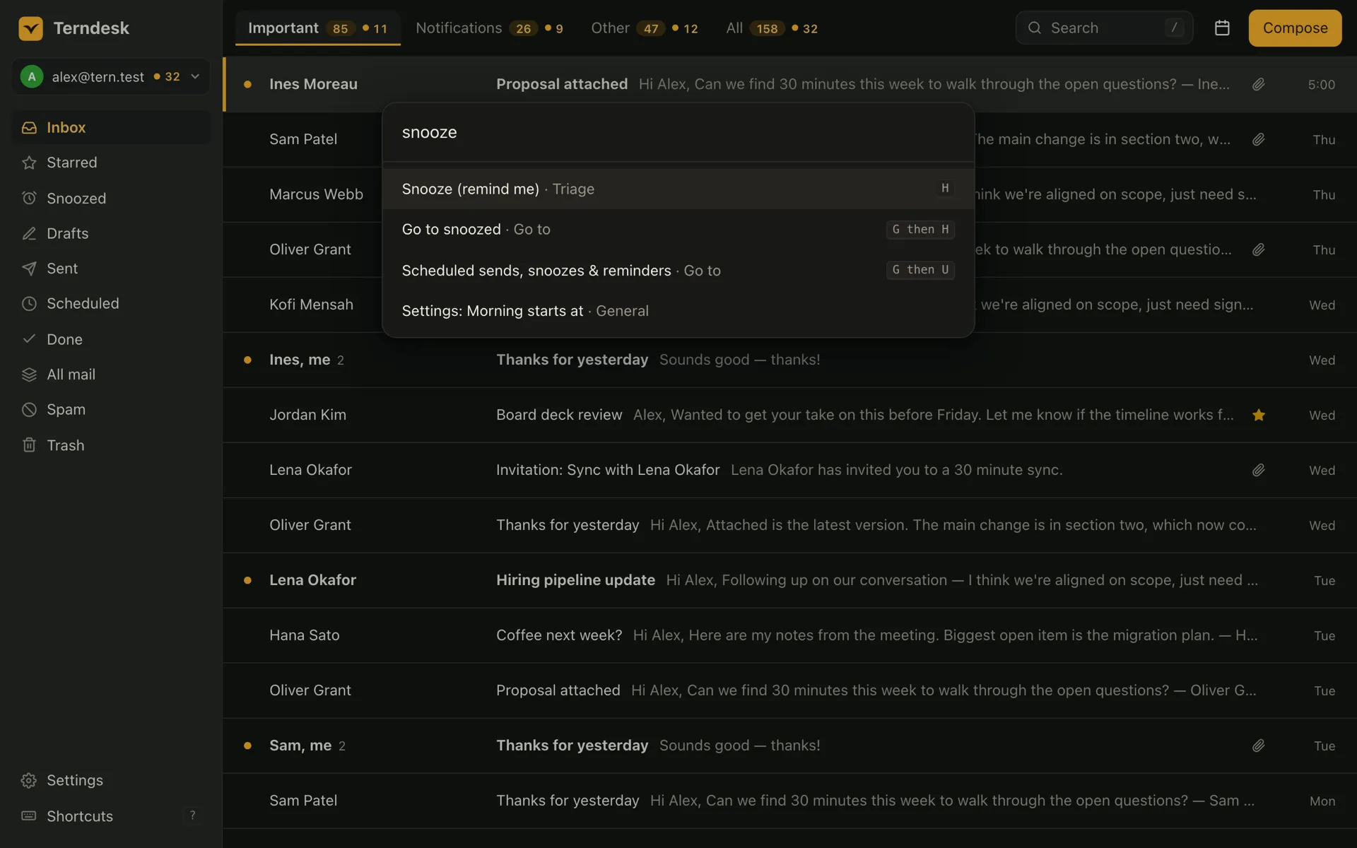 The command palette open over the inbox with a word typed, listing the matching commands, each with its key.