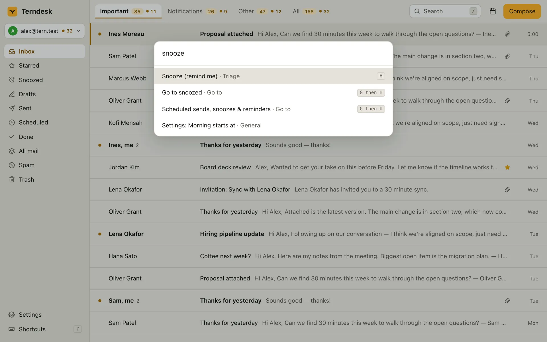 The command palette open over the inbox with a word typed, listing the matching commands, each with its key.